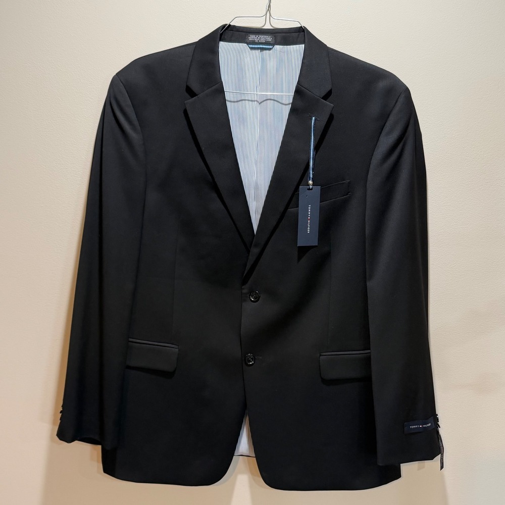 Tommy Hilfiger Blazer Men 44R Black Tailored Trim Fit 100% Wool Suit Jacket NEW
